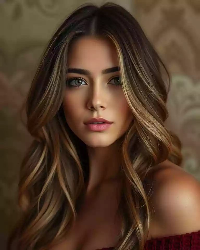 Portrait of a young woman with long, wavy light brown hair and subtle makeup, looking at the camera; wearing an off-shoulder burgundy top against a soft patterned background.